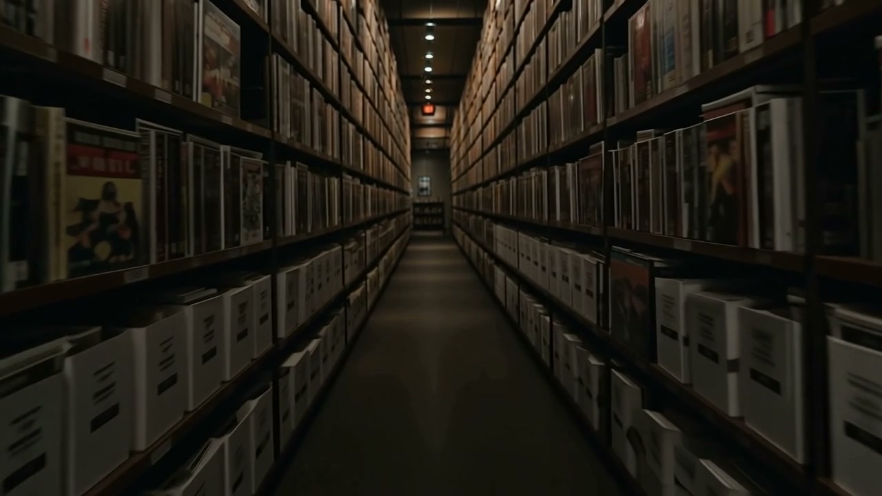 Long comic archive aisle with bagged comics and storage boxes