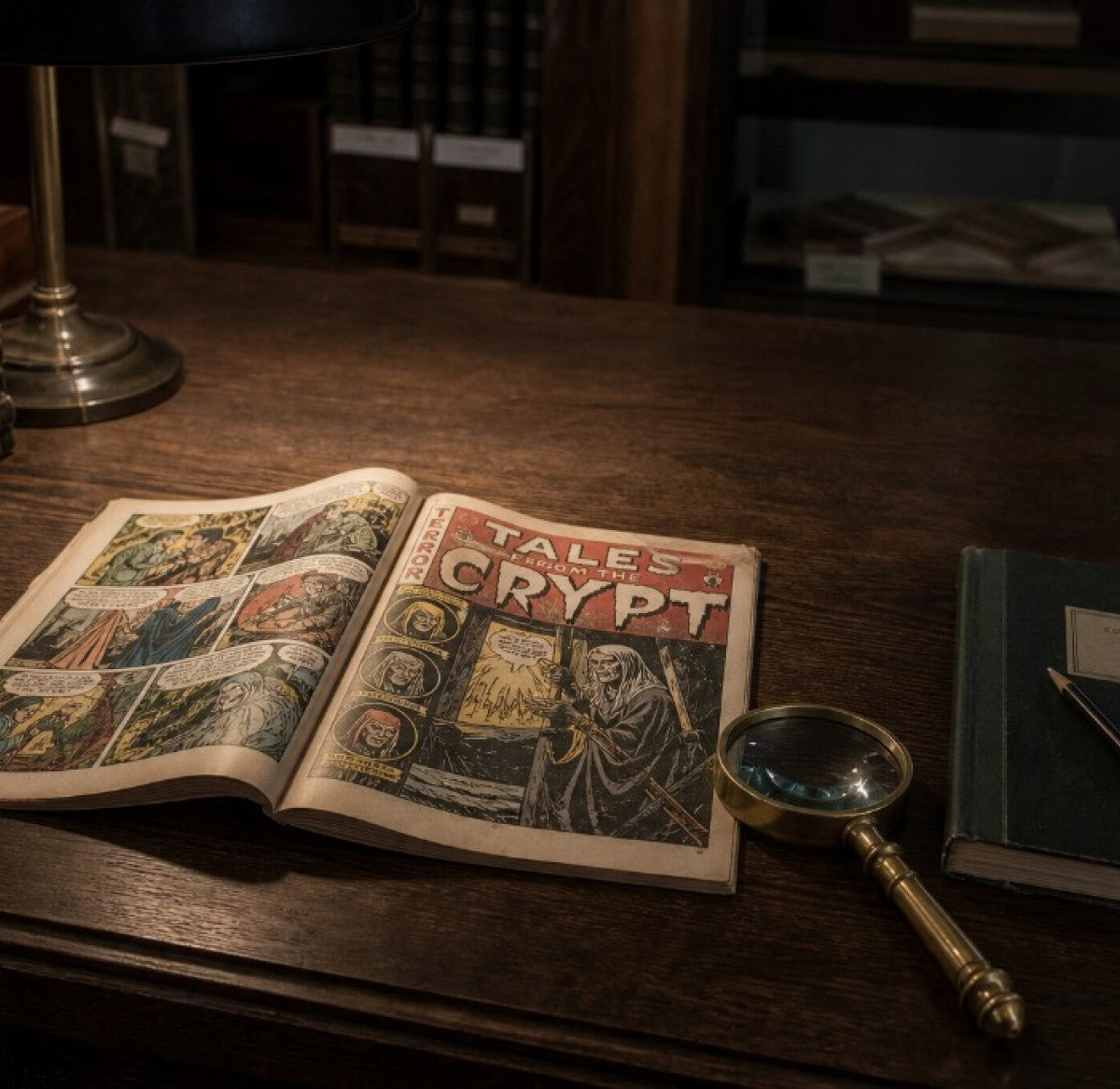 Open comic on a cataloguing desk with loupe and collection notes